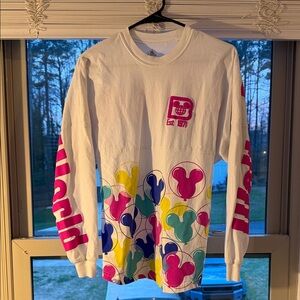 Disney White Long Sleeve Tee with Pink, Blue, Yellow & Green Mickey Balloons